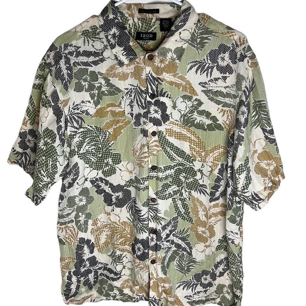 Izod Golf Mens Large Washable Silk & Linen Hawaiian Button Up Shirt Mens Size L